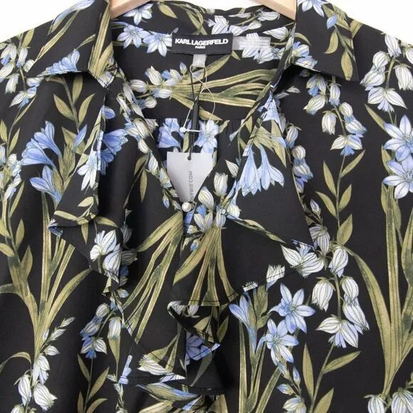 NEW Karl Lagerfeld Paris button-front floral print‎ shirt, S, black+ - Image 13