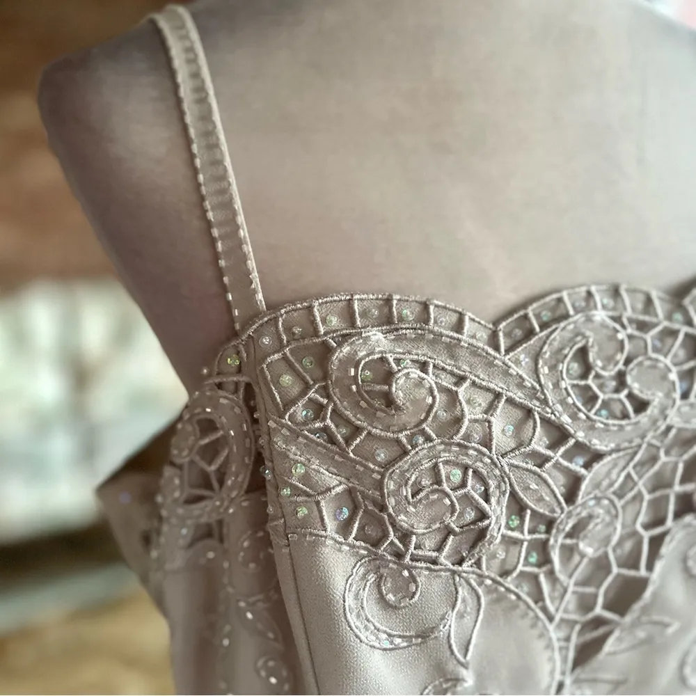 Karen Miller Dress Formal Long Beaded Taupe Beige 16 Cocktail Evening Occasion - Image 2