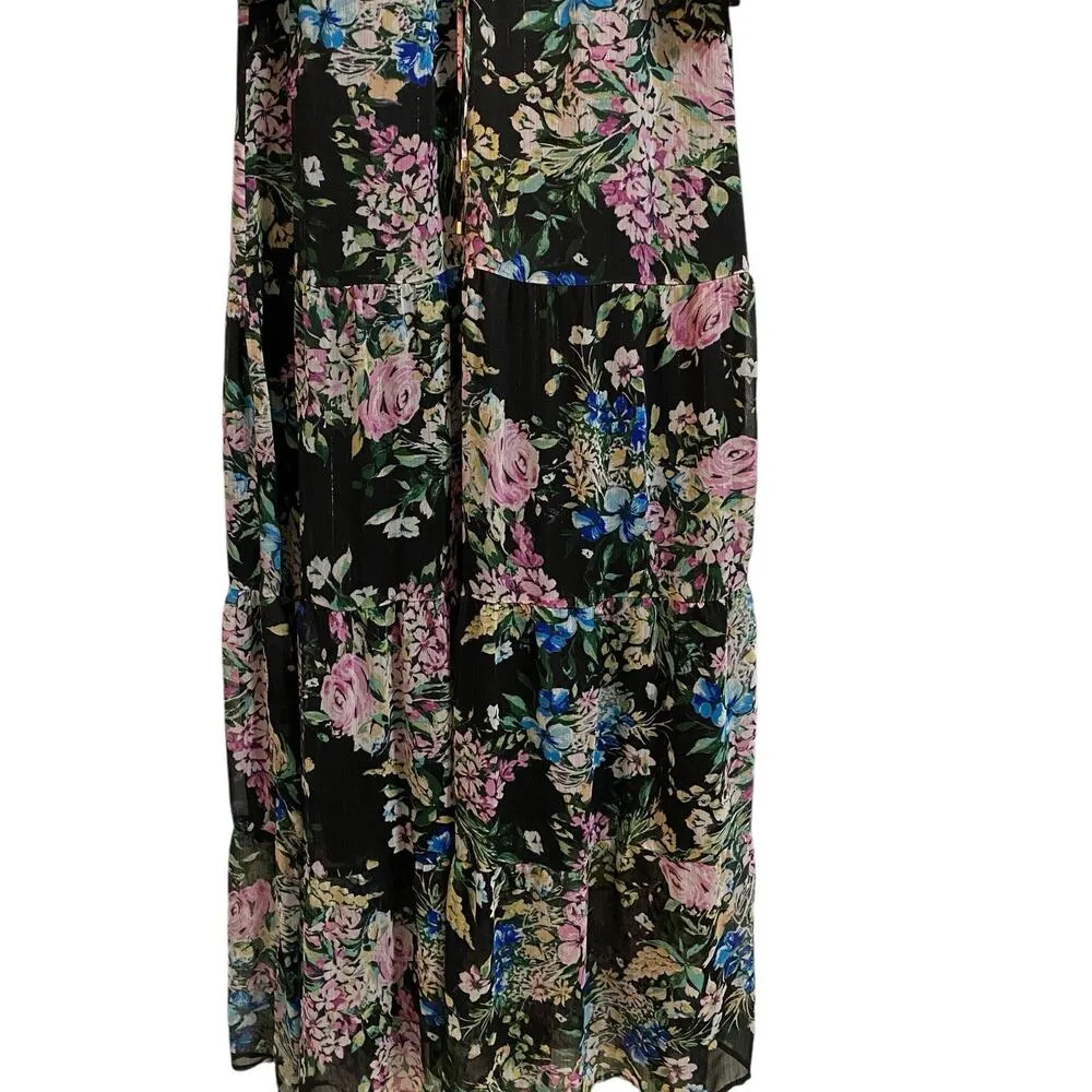 Kensie Women's Sz 14 Black Gold Floral Tiered-Skirt Chiffon V-Neck Maxi Dress - Image 2