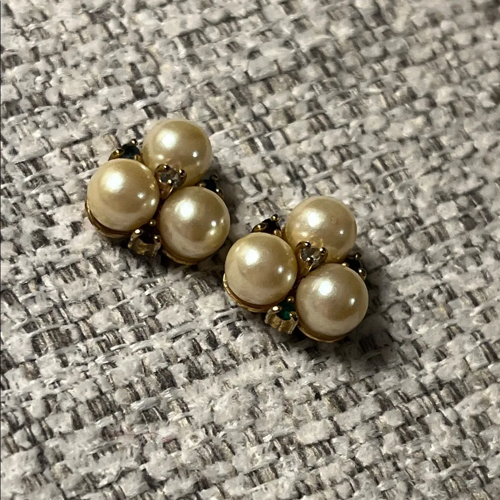 Vintage Faux Pearl and Gold Tone Stud Earrings with Gemstone Accents - Image 3