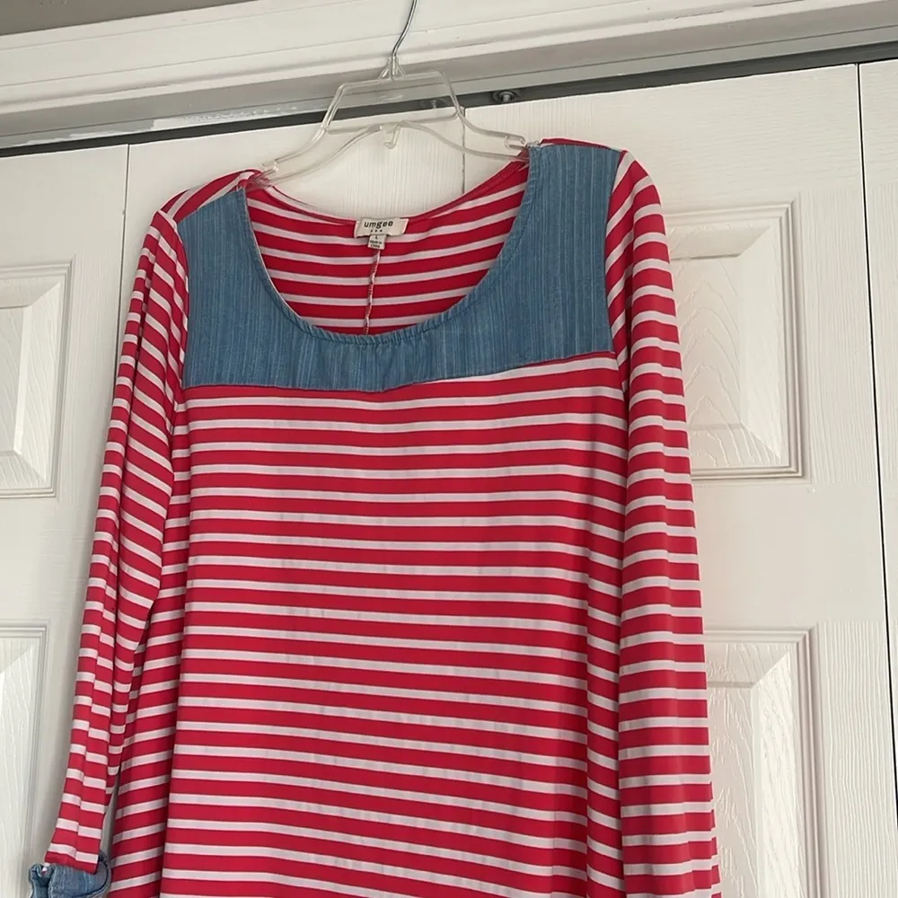 Umgee | 4th of July | red striped denim stretch long sleeve dress - Image 3