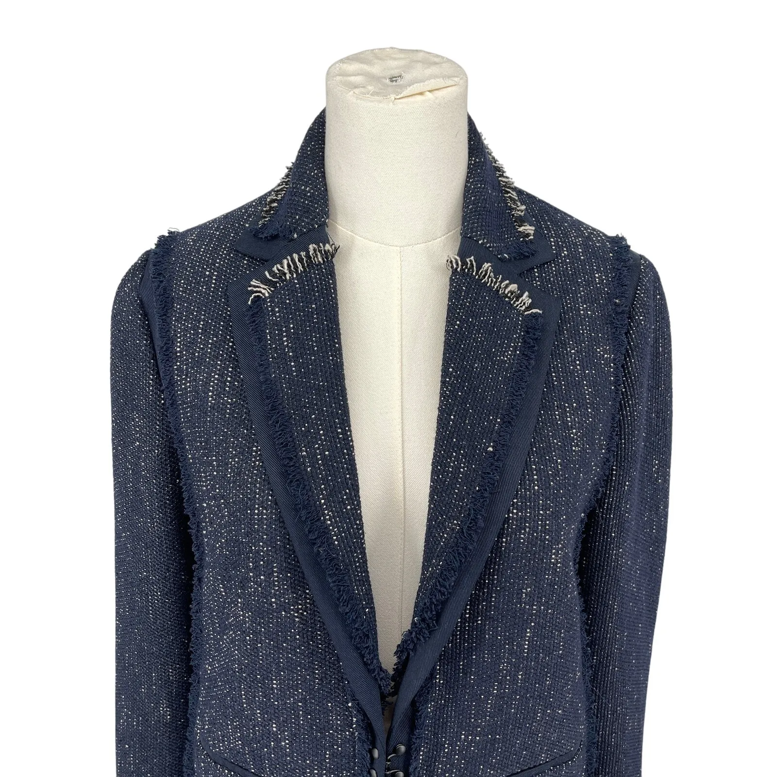 Vince Tweed Fringe Blazer Jacket Women S Navy Blue Open Front Quiet Luxury - Image 3