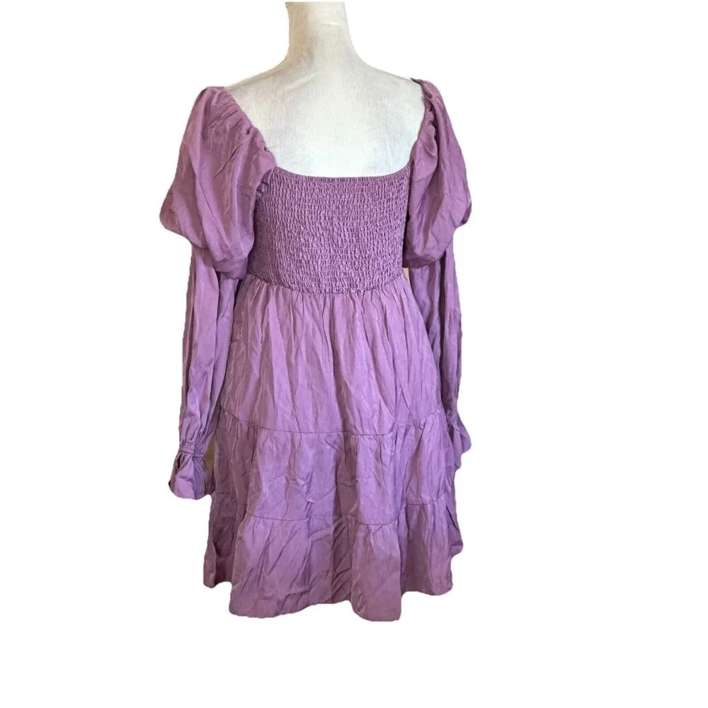 Women’s Smocked Tiered Dress Midi Mushroom Puff Sleeve Fairy Lavender Pink M Purple Size M - Image 8