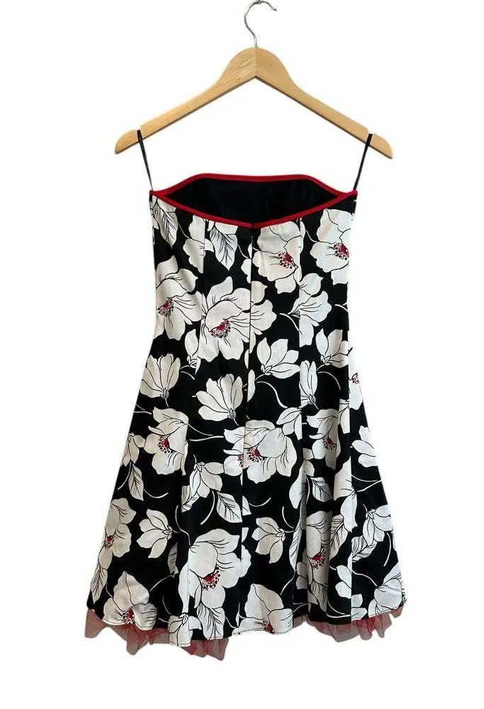 VTG GUNNE SAX Jessica McClintock Strapless Black White Floral Red Trim Dress  6 - Image 8