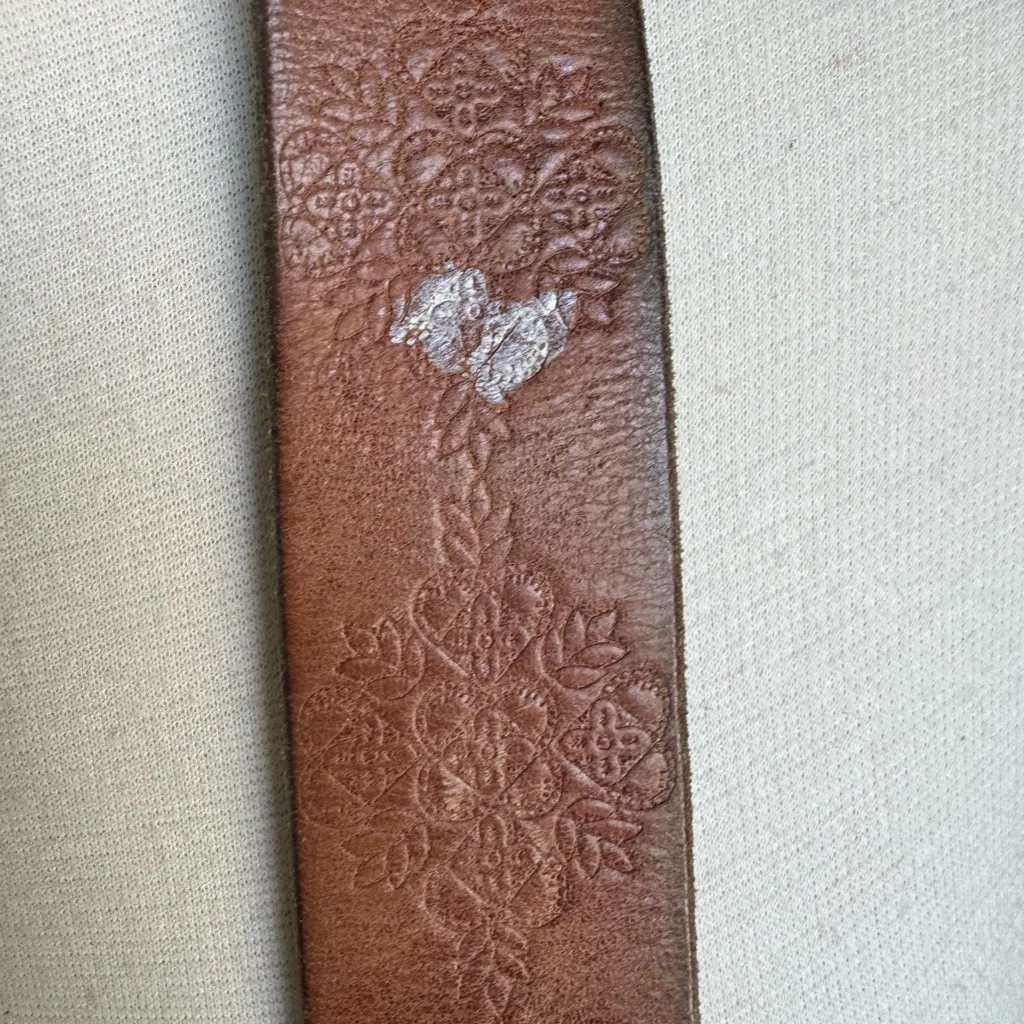 Vintage‎ Tooled Leather Floral Belt Western Boho Rustic Buckle Tan - Image 5