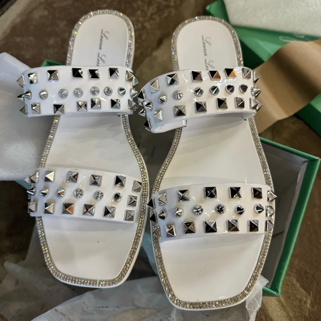 Lauren Lorraine Studley White and Silver Studded Rhinestone Sandals 9 - Image 2