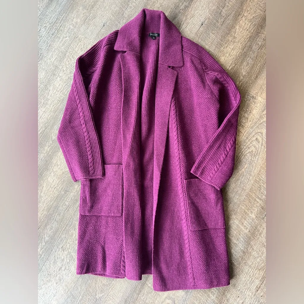 Ann Taylor Cozy Open-Front Long Cardigan Sweater in Rich Purple - Image 2