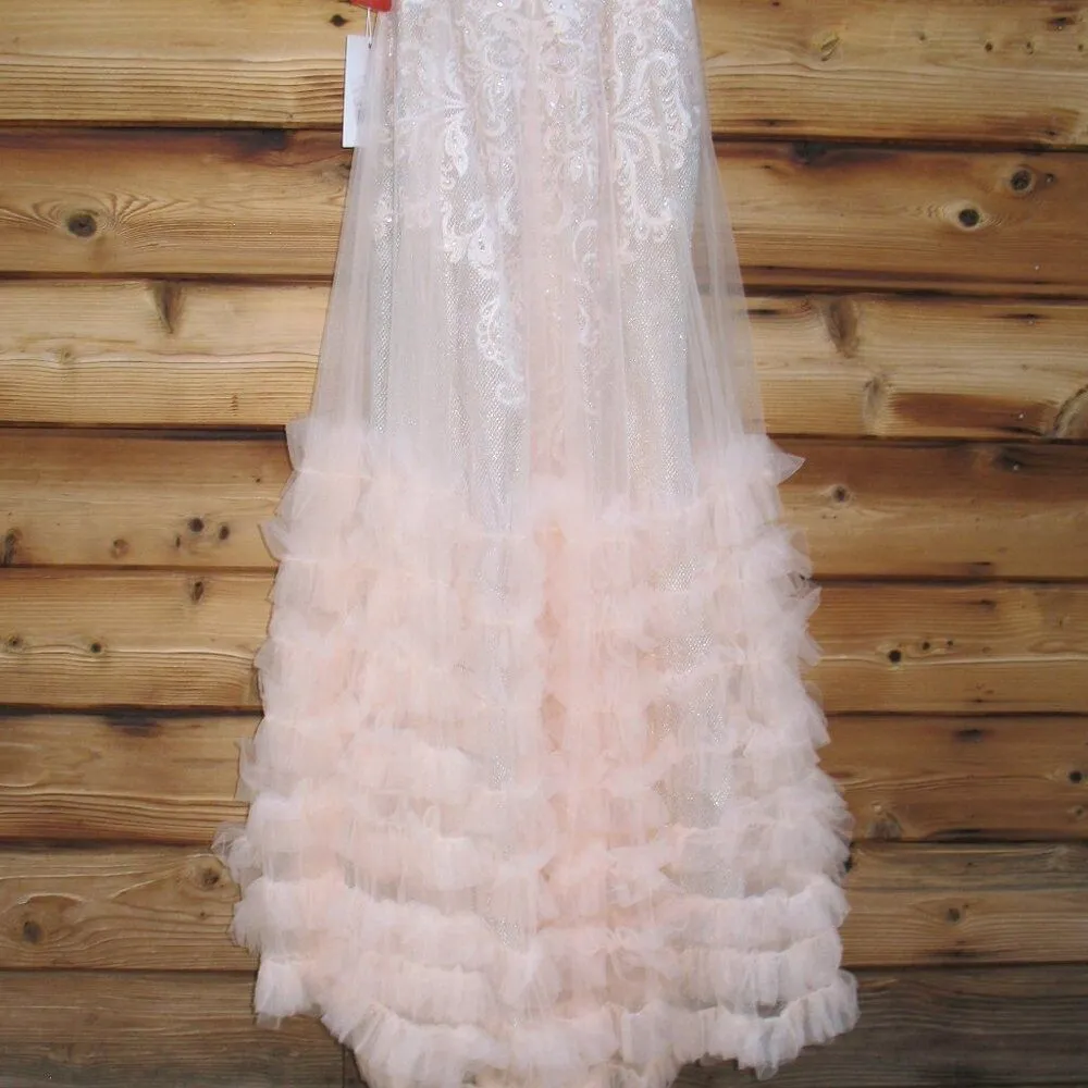 $998 Mac Duggal 11183 Lace Ruffle Tiered Plunge Neck Gown Dress Peach 4 - Image 10