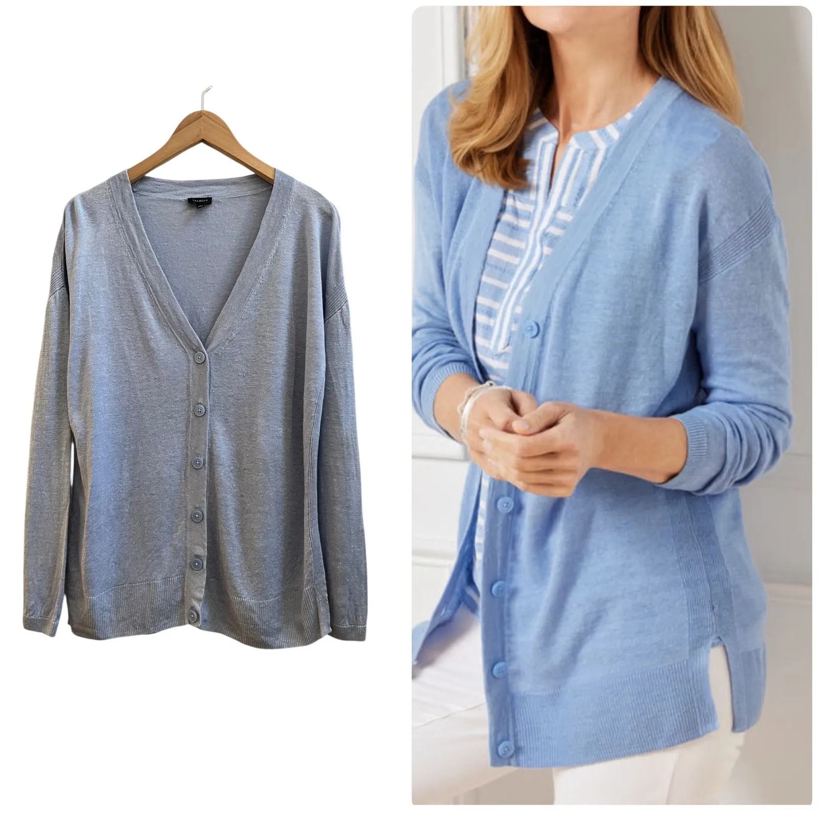 Talbots Powder Blue Linen Side Slits Cardigan Size Medium Lightweight - Image 3