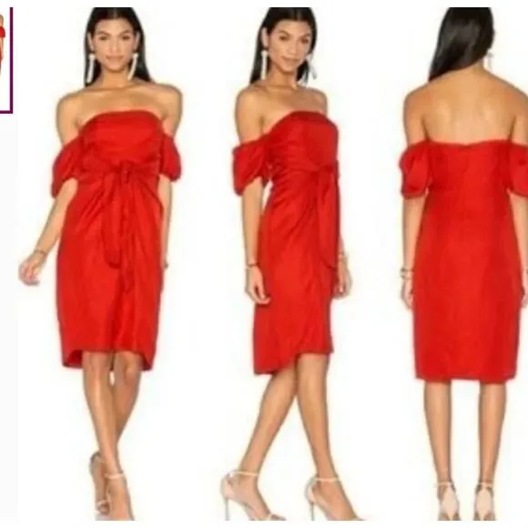 Revolve LPA 146 Puff Sleeve Twisted Tie A Line mini Dress Classic Red Small - Image 2