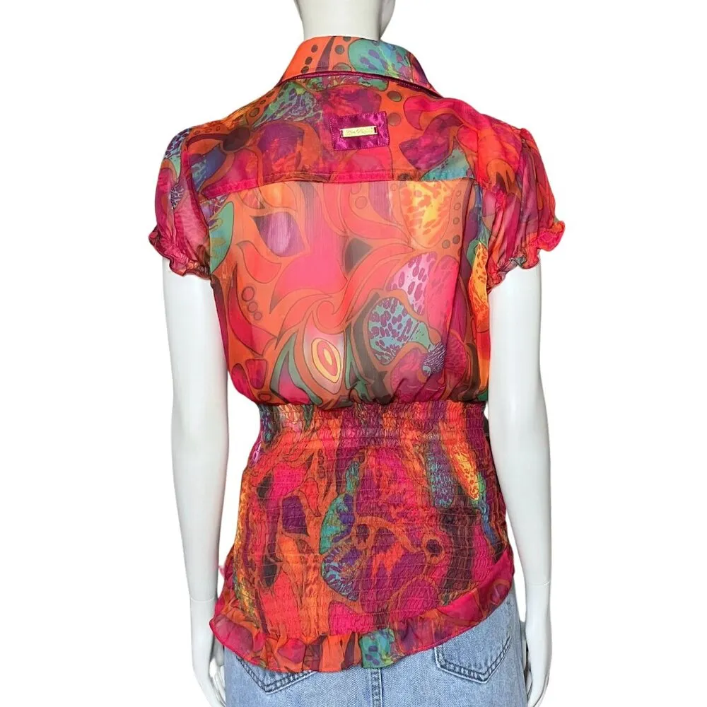 Vintage Y2K Apple Bottom Colorful Psychedelic Sheer Blouse Top Trashy2K M/L Pink - Image 4