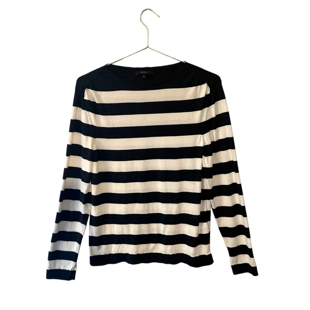 Gucci Navy Blue & White Stiped Sweater Italian Silk Cotton Preppy Coastal Size M - Image 10