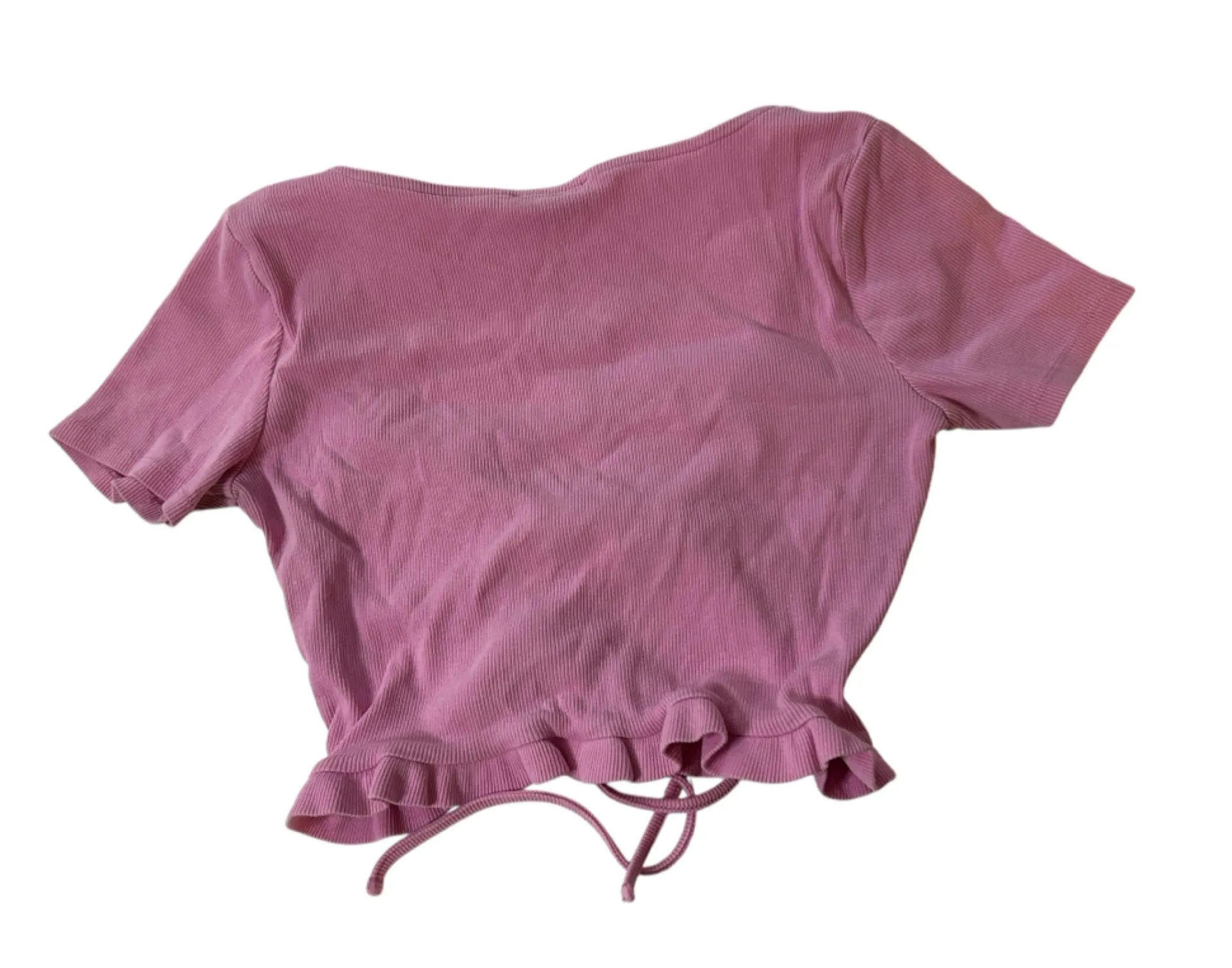 Zara Pink Ruffled Ruched Waist Front Tie V-Neck Top – Coquette Style Blouse | S - Image 9