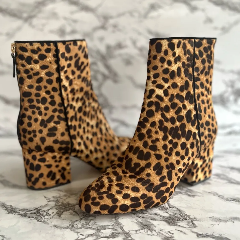 J. Crew Maya Booties Leopard Animal Print Calfhair Fur 7.5 Block Heel Almond Toe - Image 3