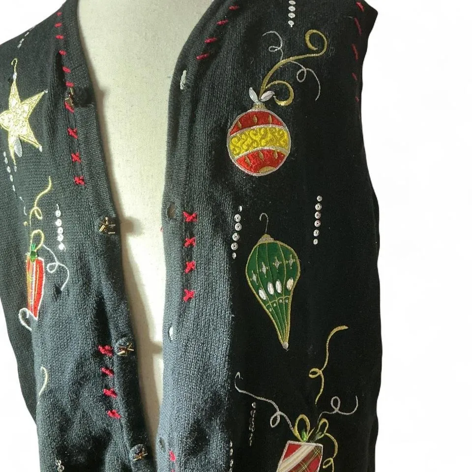 Womens Black Christmas Vest Ugly Sweater Style Ornaments Star Gifts Rhinestone Size M - Image 3