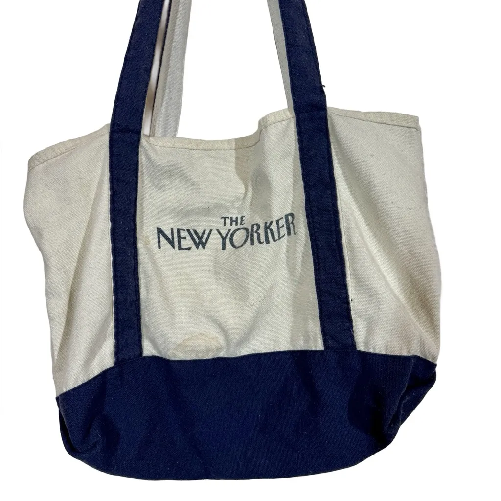 The New Yorker Vintage Small Canvas Tote Bag Book Bag Navy Blue Natural - Image 3