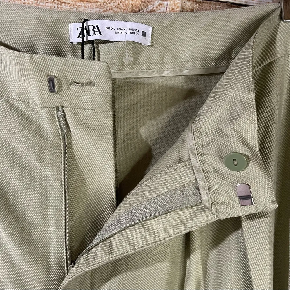 Zara high-rise wide leg pleated green trouser pants with pockets women Size XL - Image 5