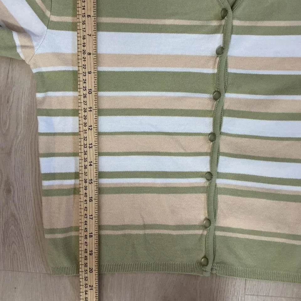 Forever Striped Knit Cardigan Short Sleeve Button Down Pastel‎ Top Green Size L - Image 3