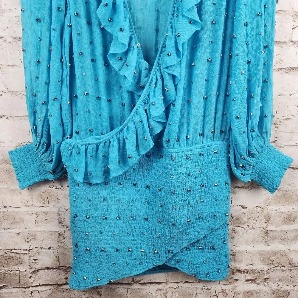 Retrofete Lennon Embellished Silk Chiffon Dress in Blue Size Medium NWT V Neck - Image 5