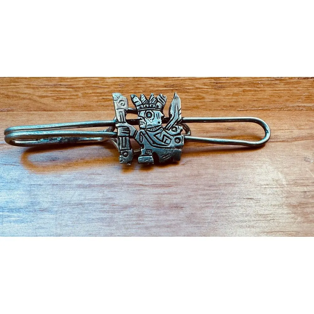 Vintage Peru 925 Sterling Silver Lapel Pin Tie Figural‎ Incan Mayan Symbols - Image 4