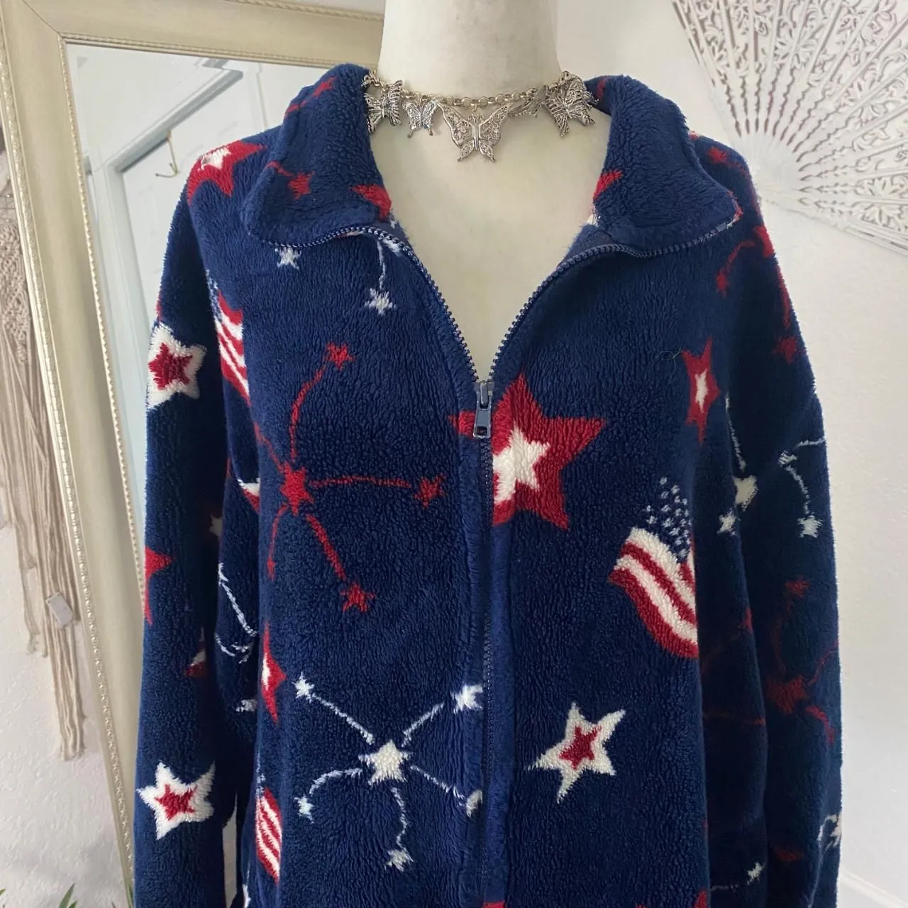 Vintage Classic Americana Dark Blue Red White Flag Fleece Sweater Jacket XXL - Image 4