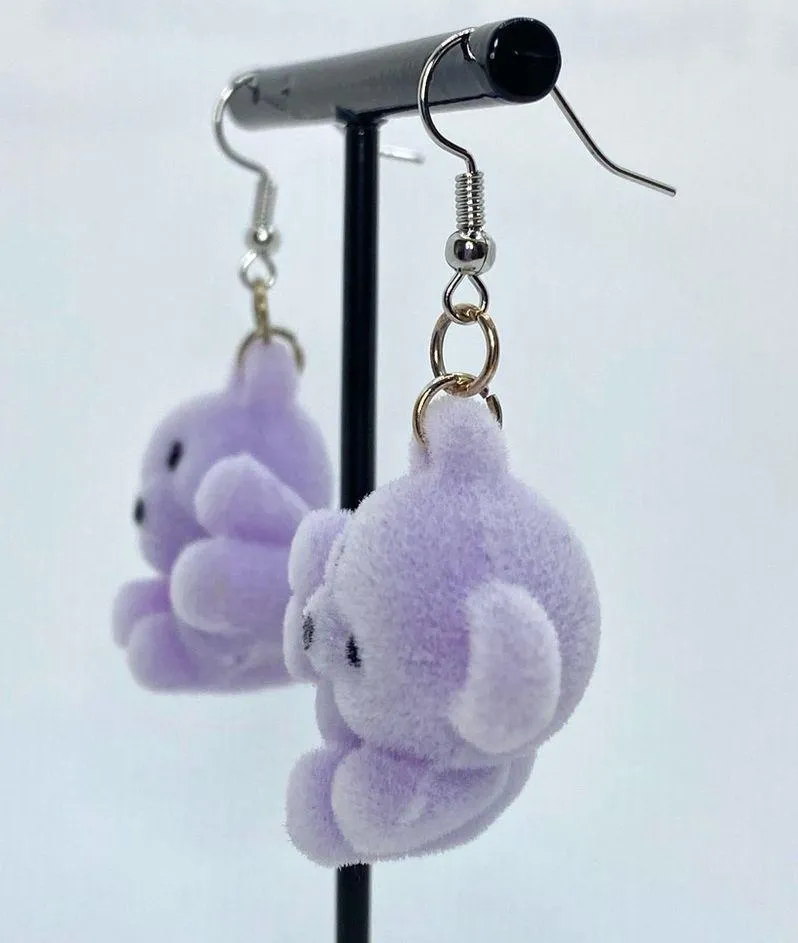 Fuzzy purple teddy bear earrings - Image 2