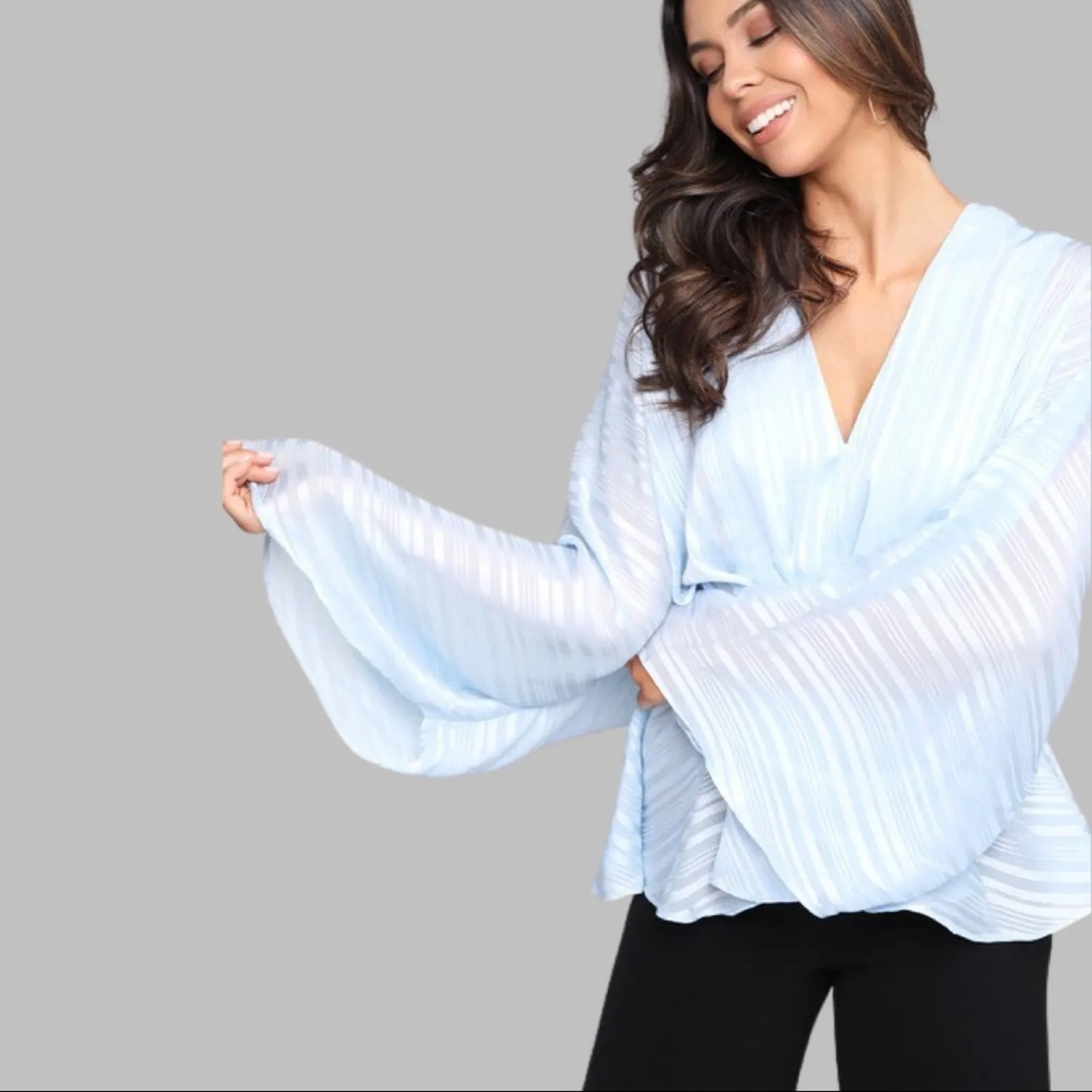 NWT The Vintage Shop Pleated Top Womens S Blue Flowy Bell Sleeve Soft Girl - Image 2