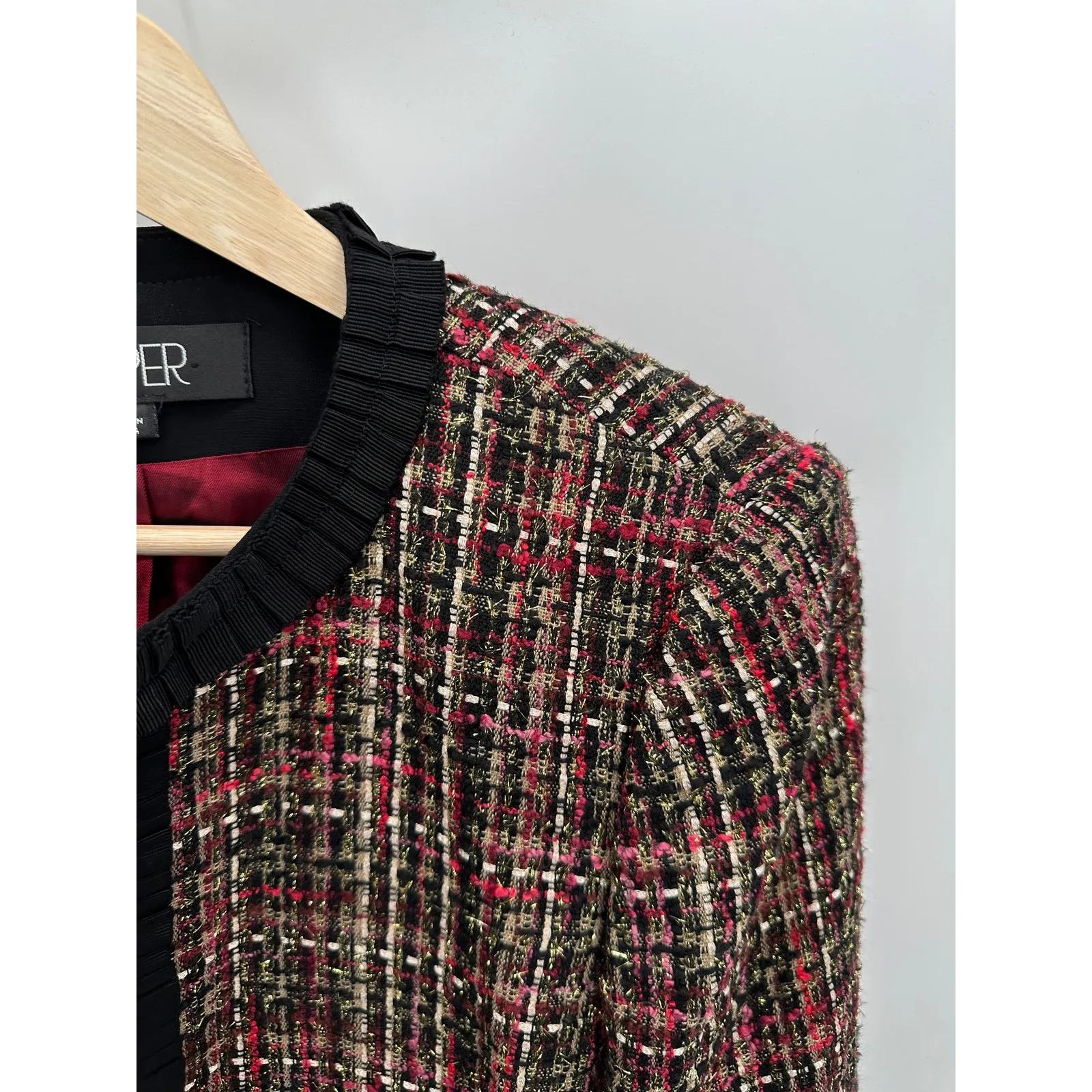 KASPER Womens Red Black Tweed Blazer Jacket Size 4P Career Office Business - Image 4