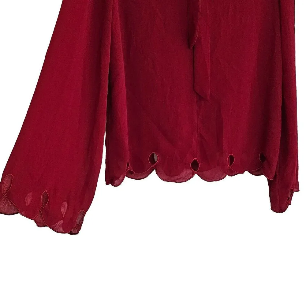 Love Riche Embroidered Hem Blouse Womens Size‎ S Tie Back Red Long Sleeves - Image 6