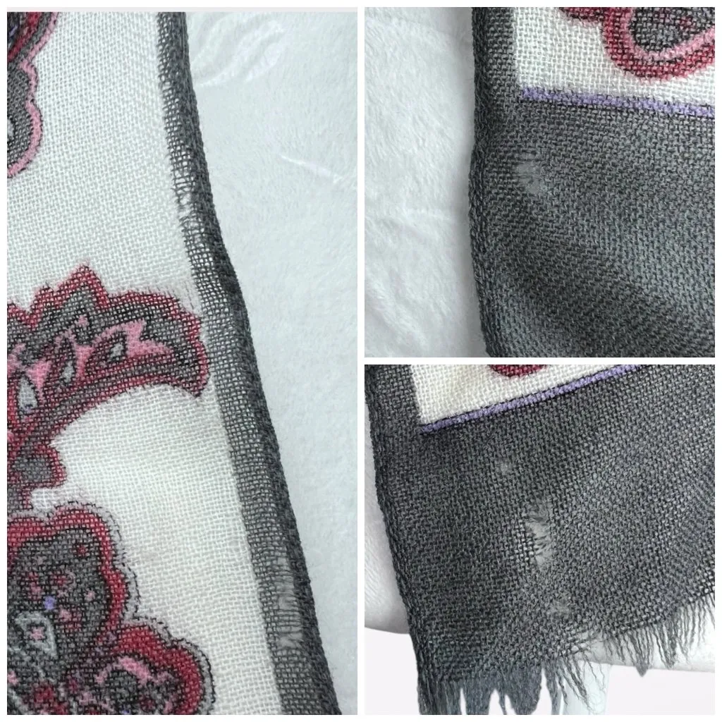Vintage Floral Print Wool Blend Rectangle Scarf Gray Red White Multiple - Image 7