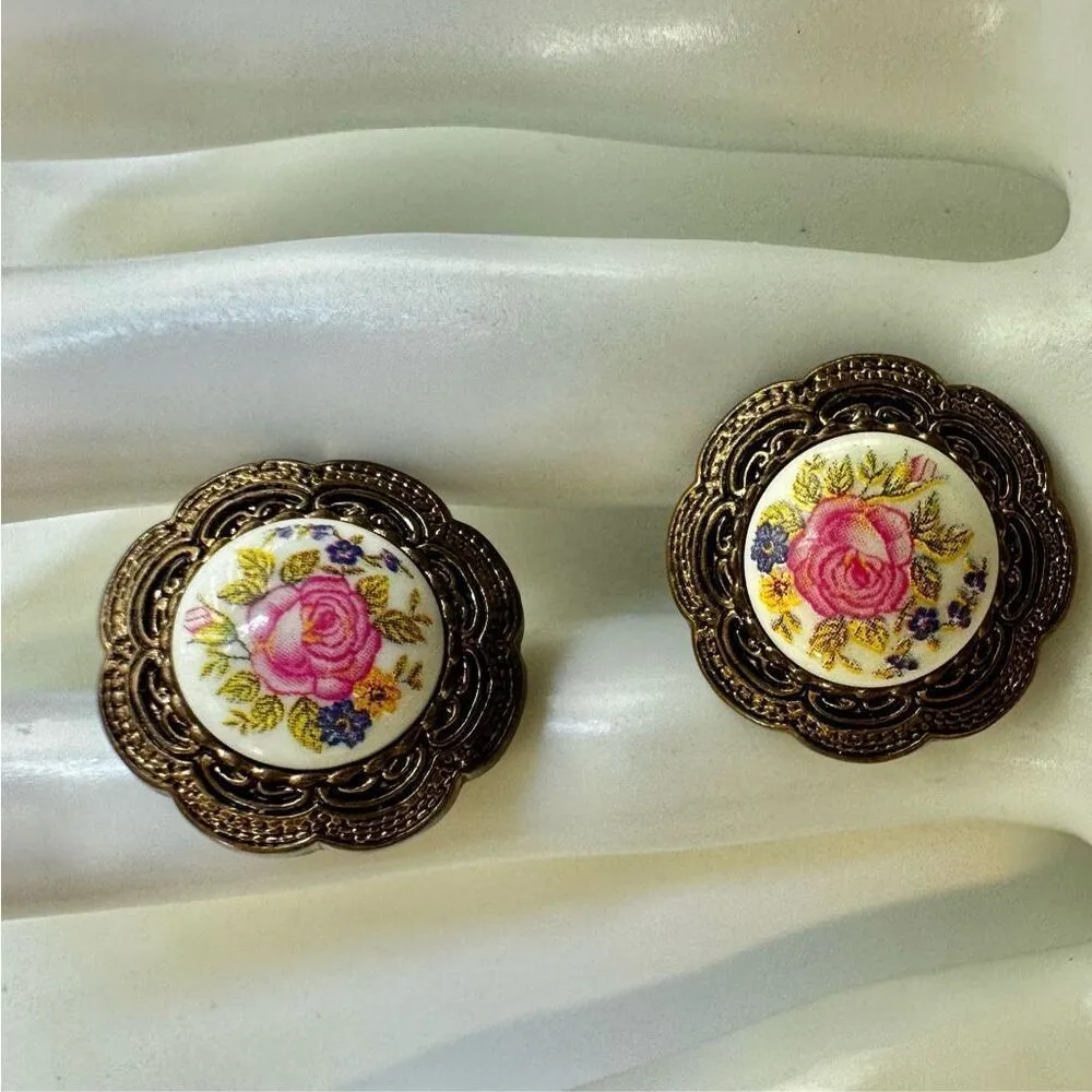 Embossed Floret Motif Floral Cameo Post Earrings - Image 2