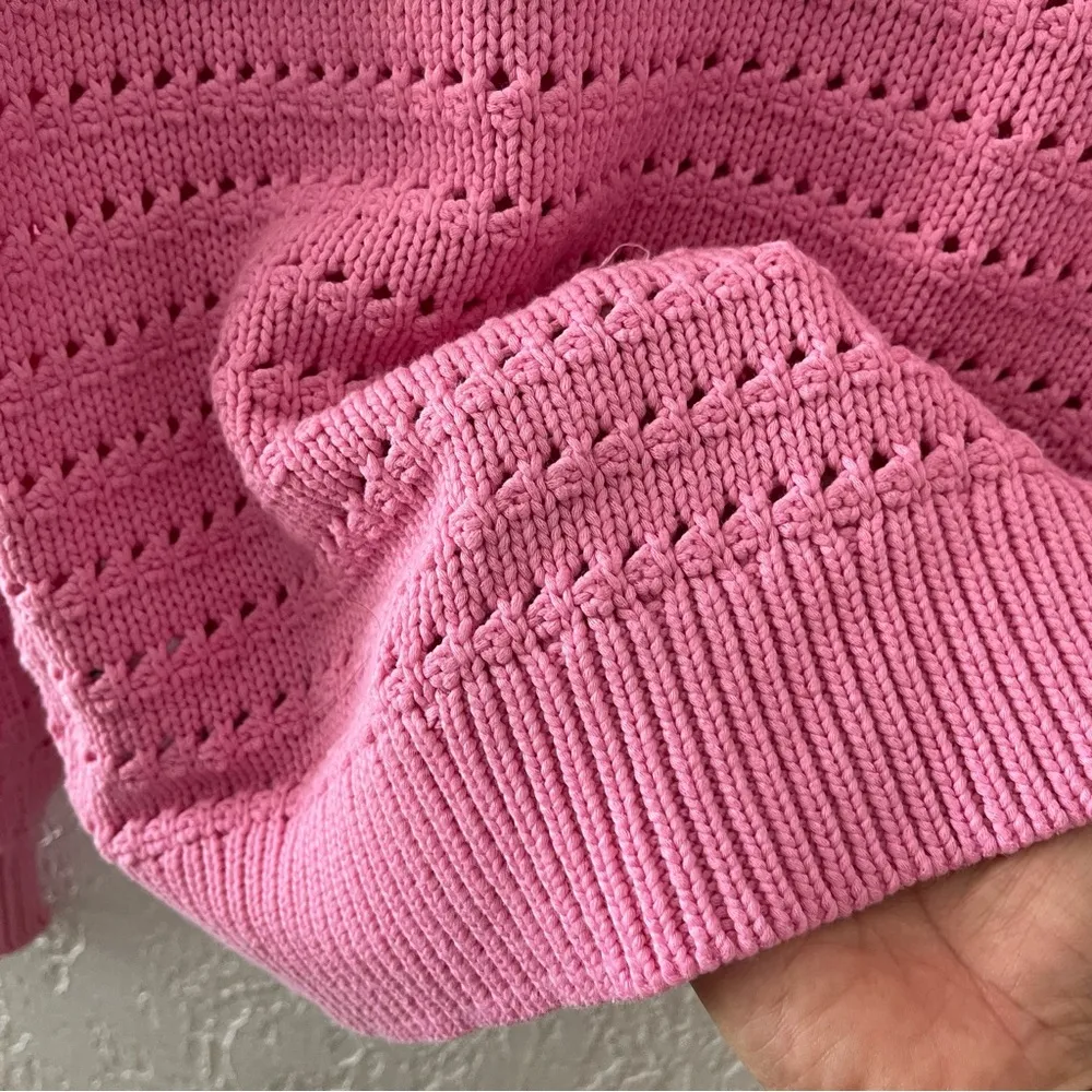 J Crew Pink Pointelle Pullover Sweater Top Balloon Crew Crochet Cotton Knit M - Image 9