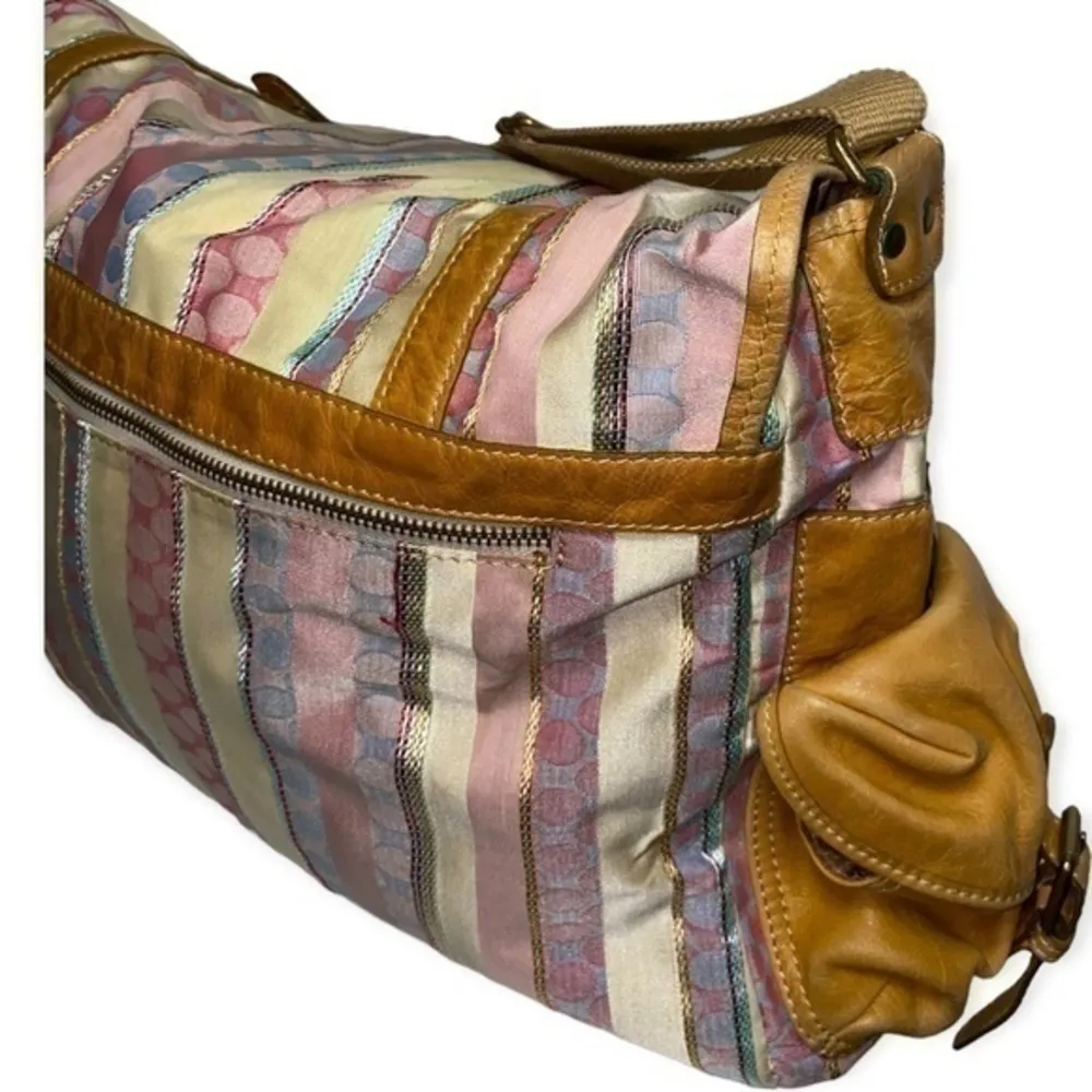 IPA Nima Muiltcolor Fabric and Tan Leather Pockets Messenger Baby Overnight Bag Pink - Image 3