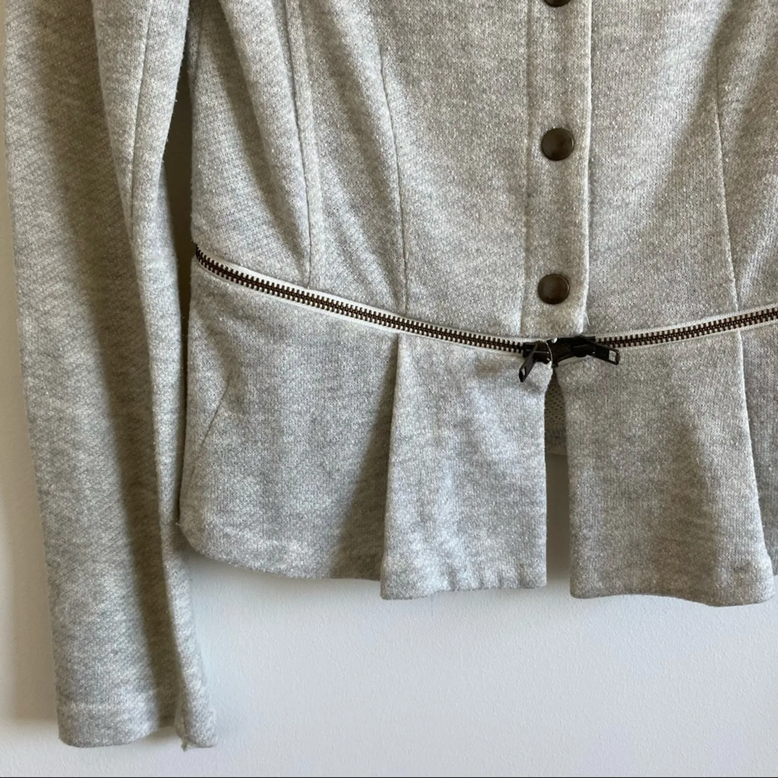 Barneys New York Oatmeal Terry Peplum Cardigan Snap Jacket XS - Image 2