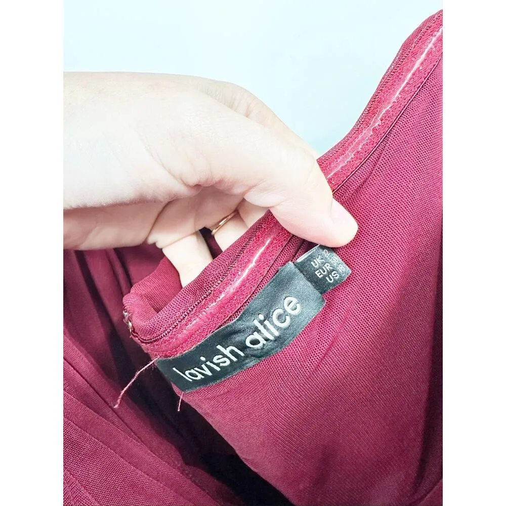 Lavish Alice Mesh Corset Ruched Strapless Midi Dress in Burgundy Red Size 18 - Image 6