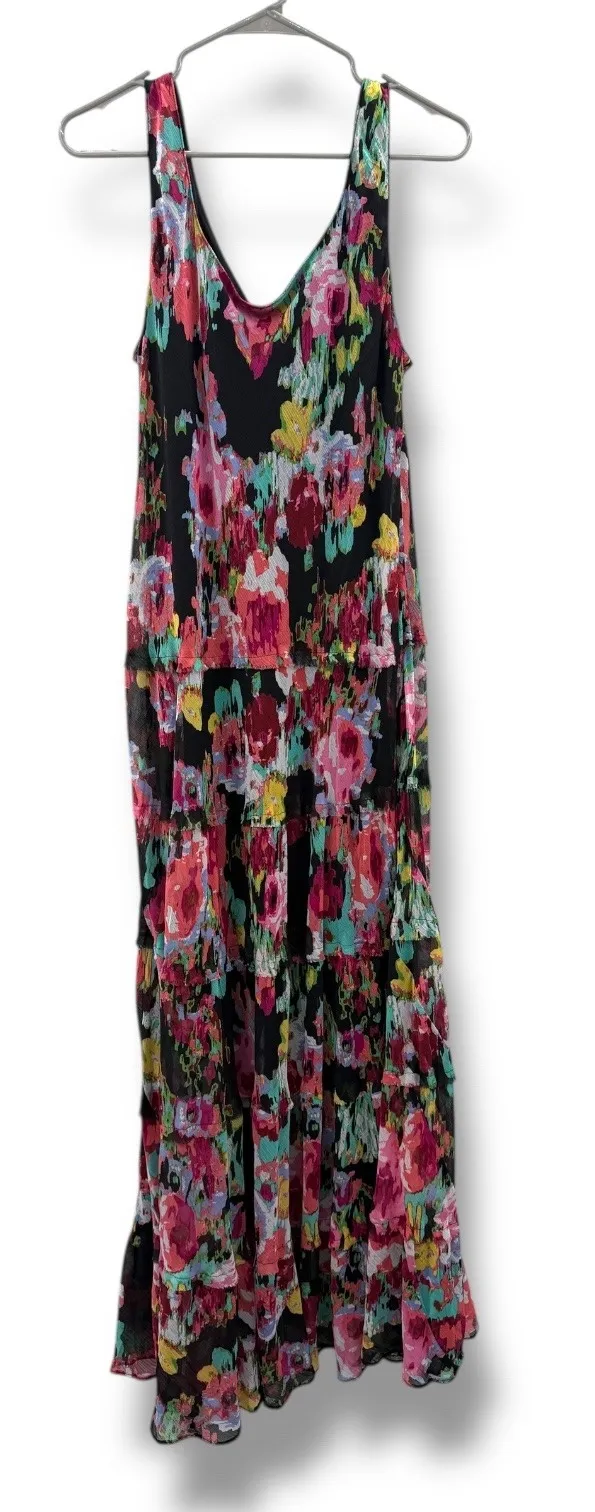 Jones Studio Floral Maxi Dress Women's 16W Sleeveless Black Multicolor Tiered - Image 1