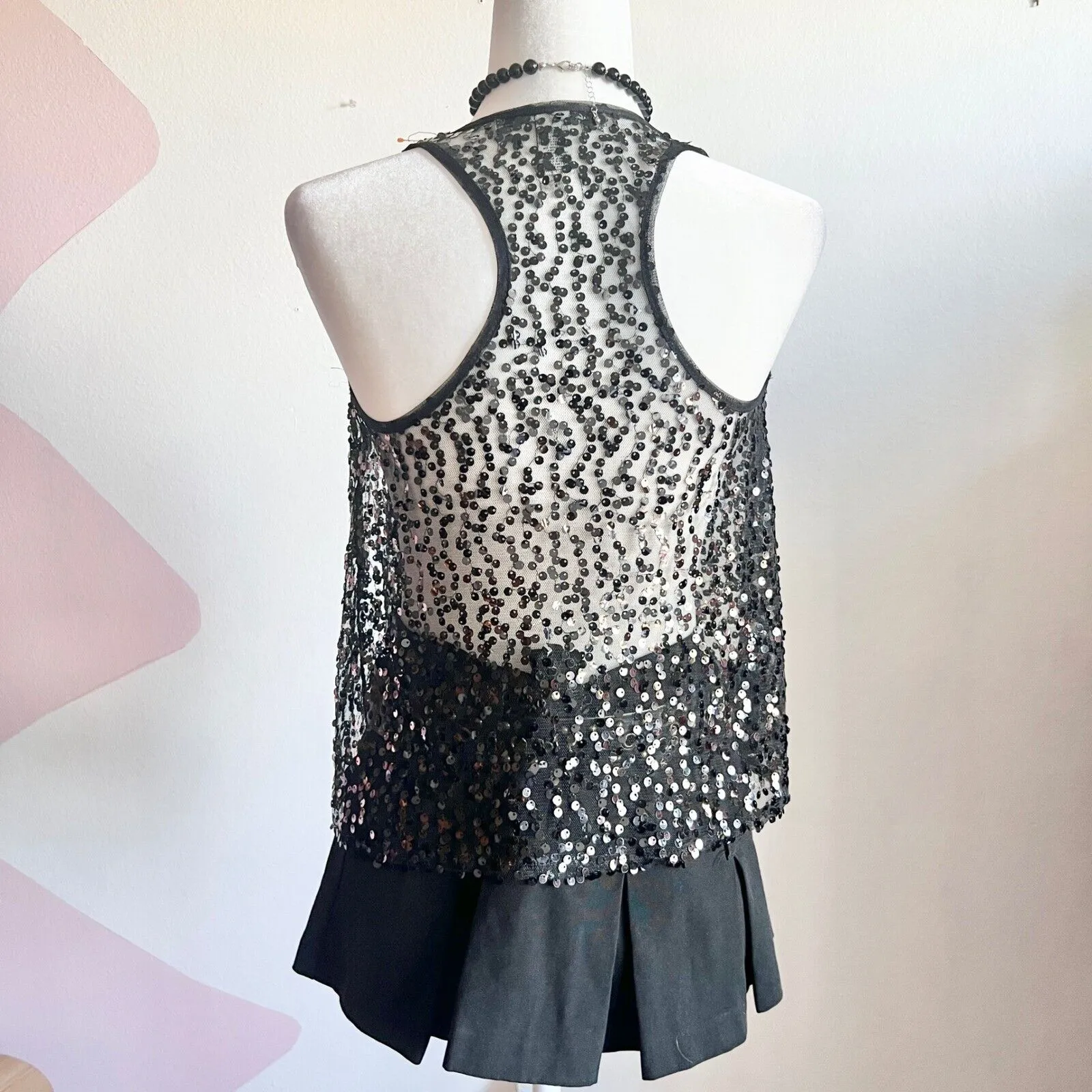 Black Sheer Sequin Tank Top, Y2K Soft‎ Grunge Festival Rave Clubwear 2000s XS - Image 3