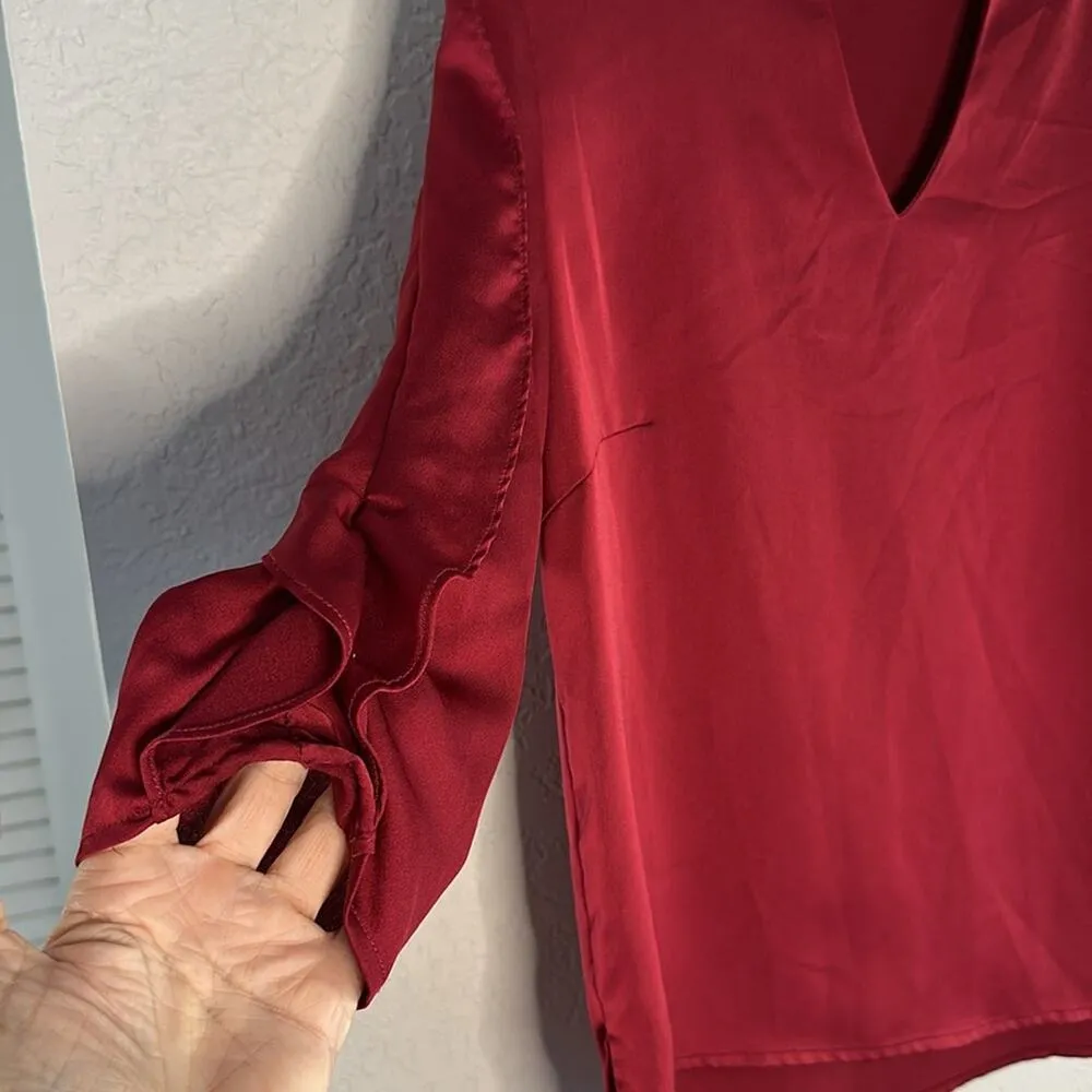Misook Silky Burgundy Holiday Top Waterfall Sleeve V Neck Size XS 3/4 Sleeve - Image 3