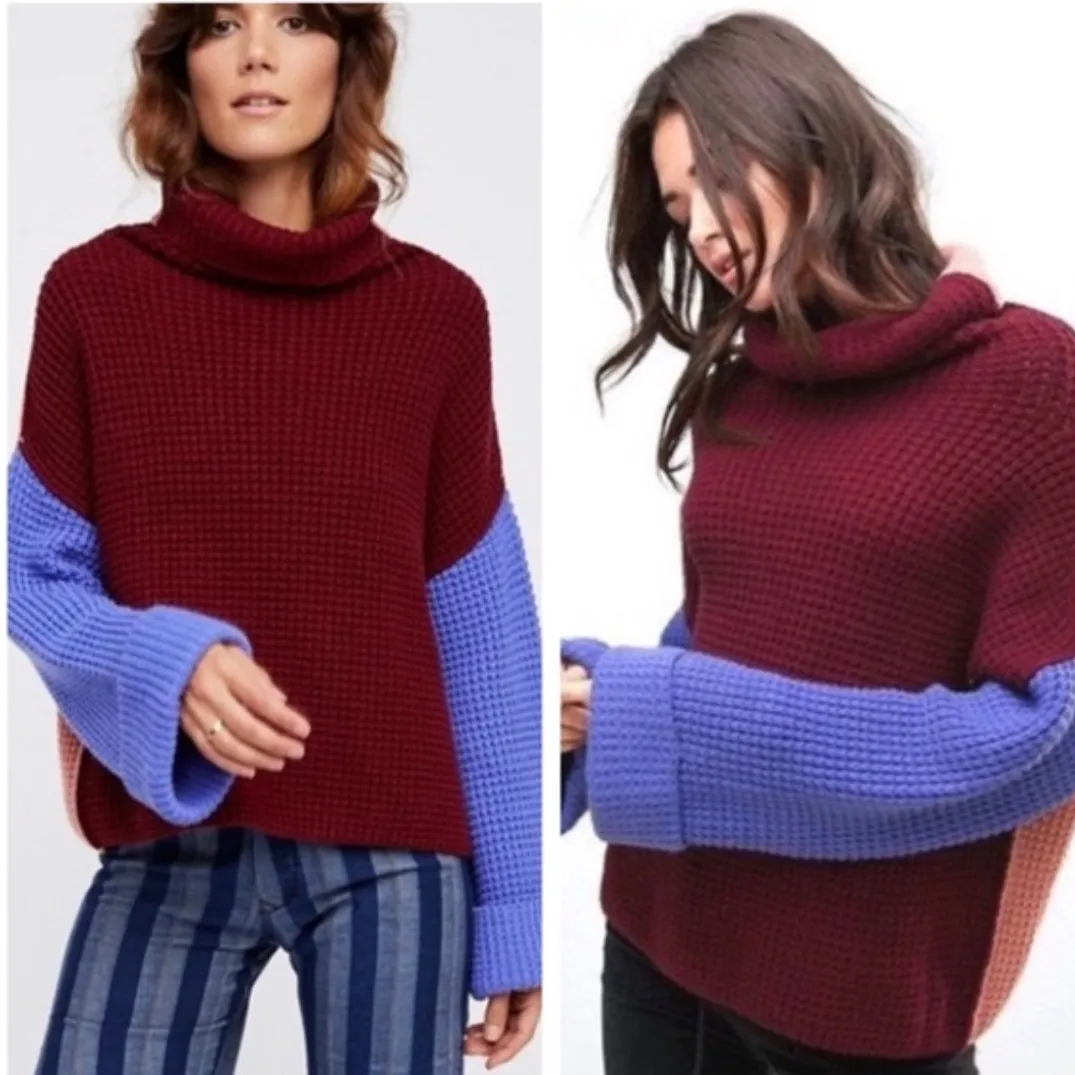 FREE PEOPLE | Oversized Colorblock Waffle Knit Cowl Neck Turtleneck Sweater, S - Image 3
