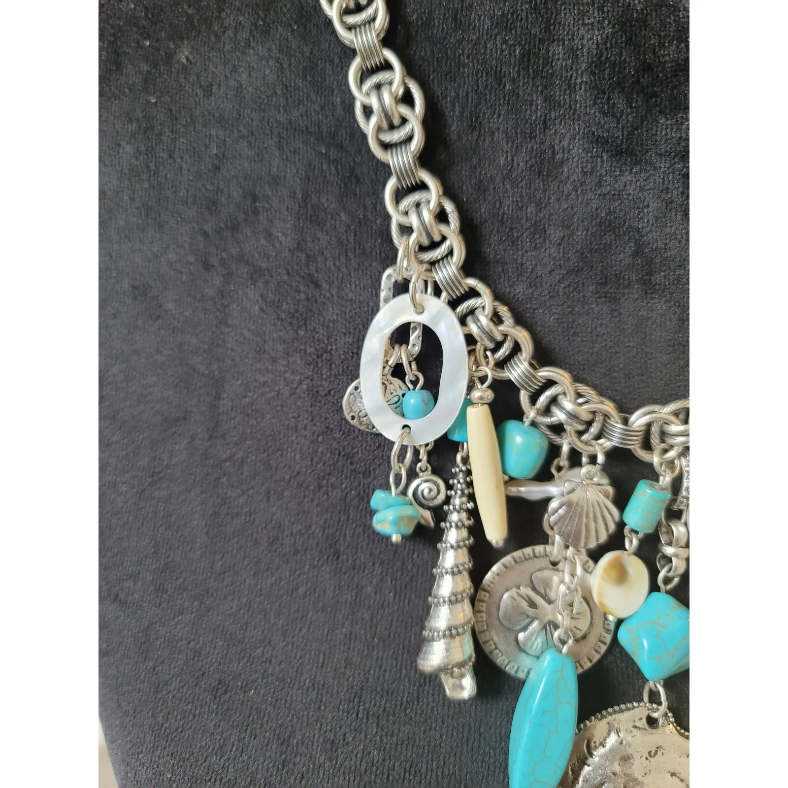 Chico's Women's Silver Tone Charm Necklace With Toggle Lock Fish Shell Beads - Image 5