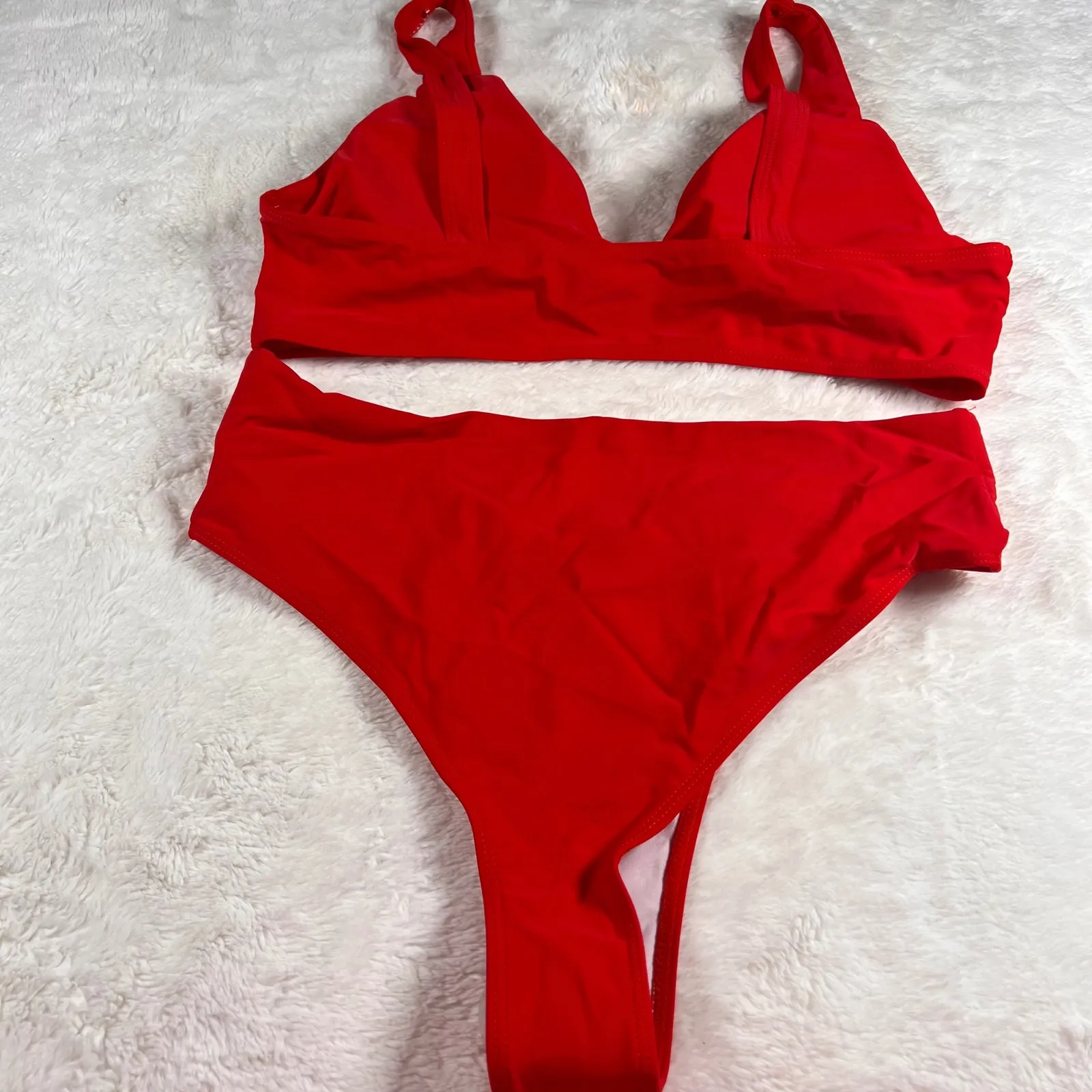 Red High Waisted Bikini Swimsuit Knot Front V Neck Thong Size XL Swimwear NWOT - Image 3