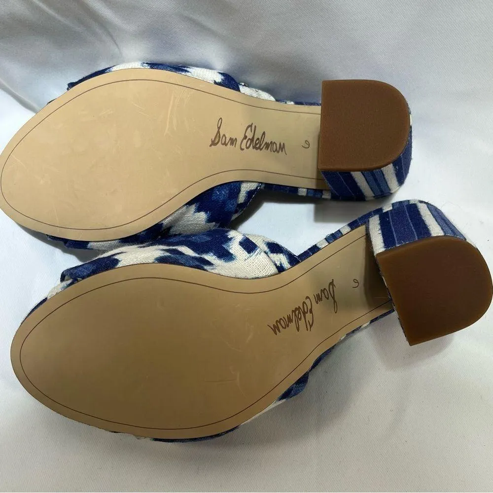 Sam Edelman Oda Ikat Print Blue & White Mules Block Heels Sandals Slides NEW - Image 6