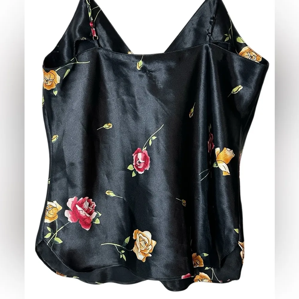 Satin Cami Top Rose Floral Printed Y2K WhimsiGoth Fairy Pin Up Size Small Black - Image 5
