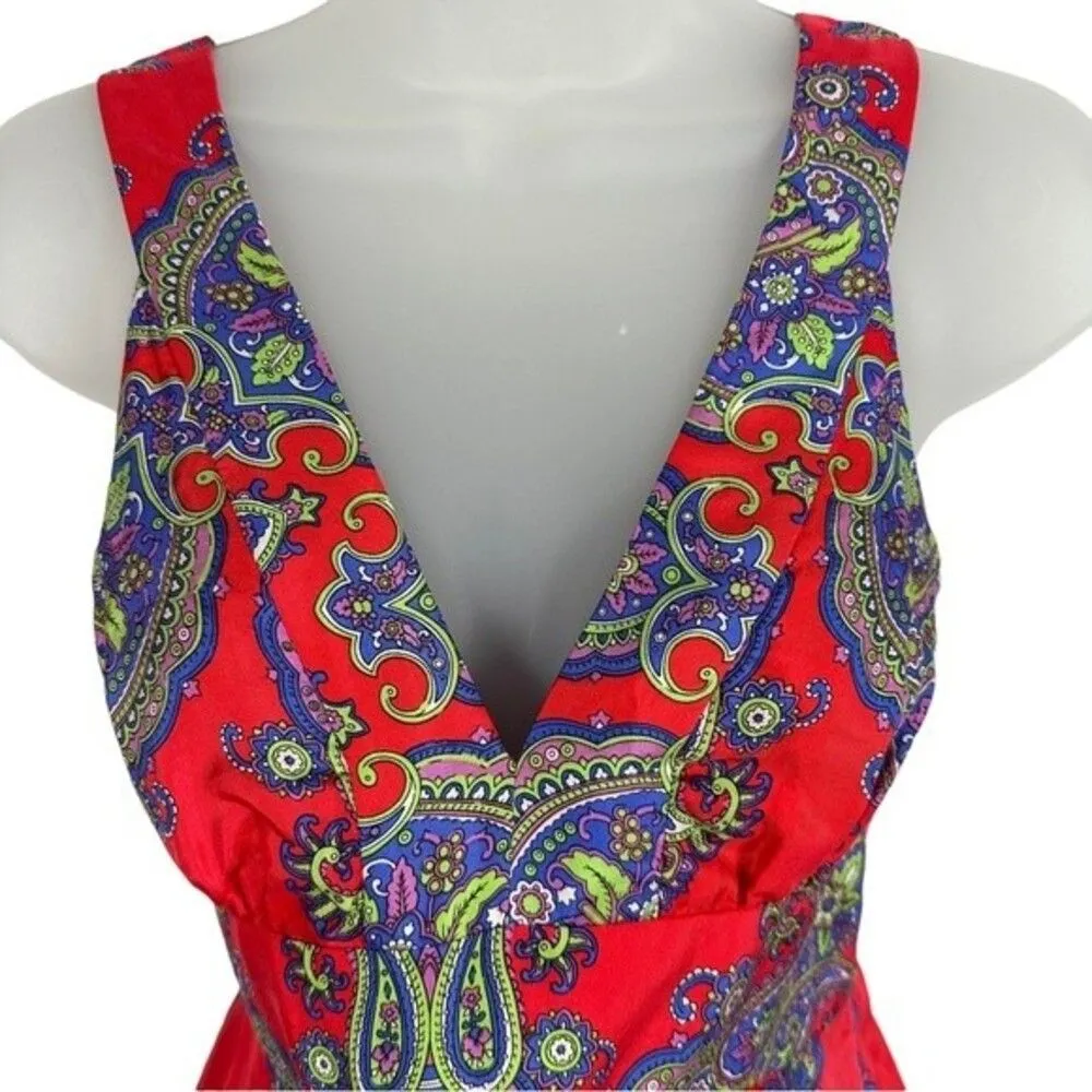 Silk Boho Dress Red Paisley Print Size 2 - Image 6