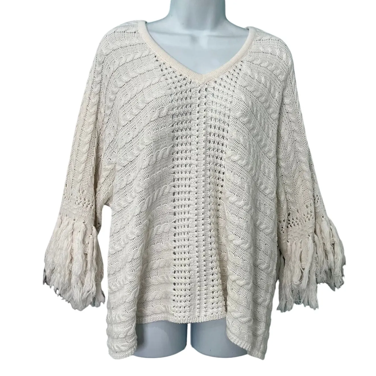 CAbi Cream Ivory Fringe Fiesta Poncho Open Knit Half Sleeve Sweater Top size M - Image 2