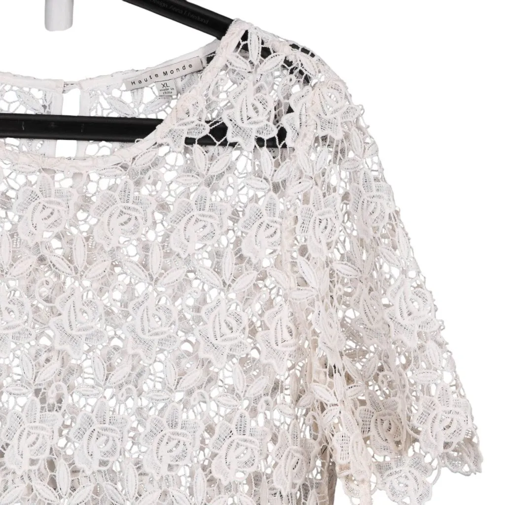 Haute Monde Floral Blouse XL Womens White Lace Short Sleeve Sheer Career Casual - Image 2