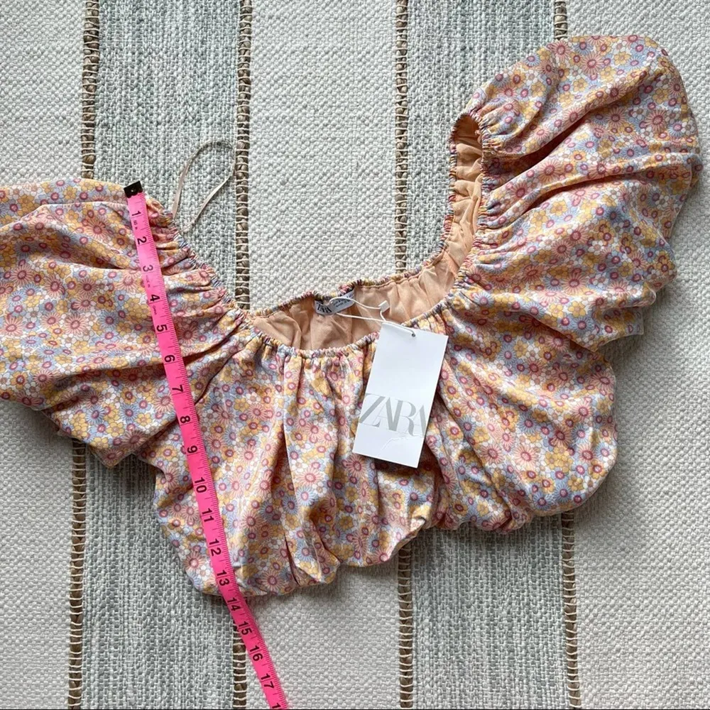 ZARA Printed Satin Effect Puff-Sleeve Off-The-Shoulder Crop Top Women’s Small - Image 7