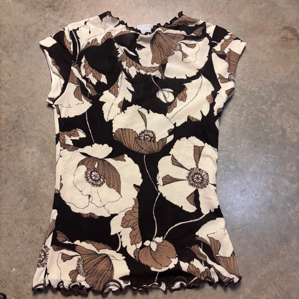 Vintage Brown & Cream Poppy Floral Cap Sleeve Top Lettuce Edge Trim Y2K Small - Image 6