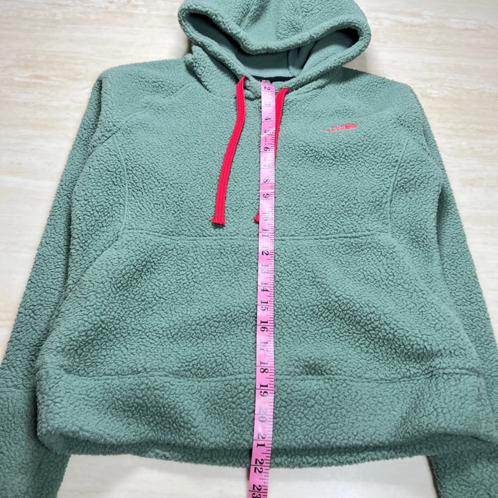 The North Face Womens Medium Sherpa Fleece Pullover Hoodie Green Pink Trim - Image 5