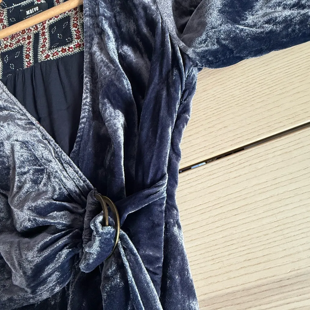 Anthropologie Maeve blue velvet dress Floral Patterned Garment pockets size 2 - Image 13